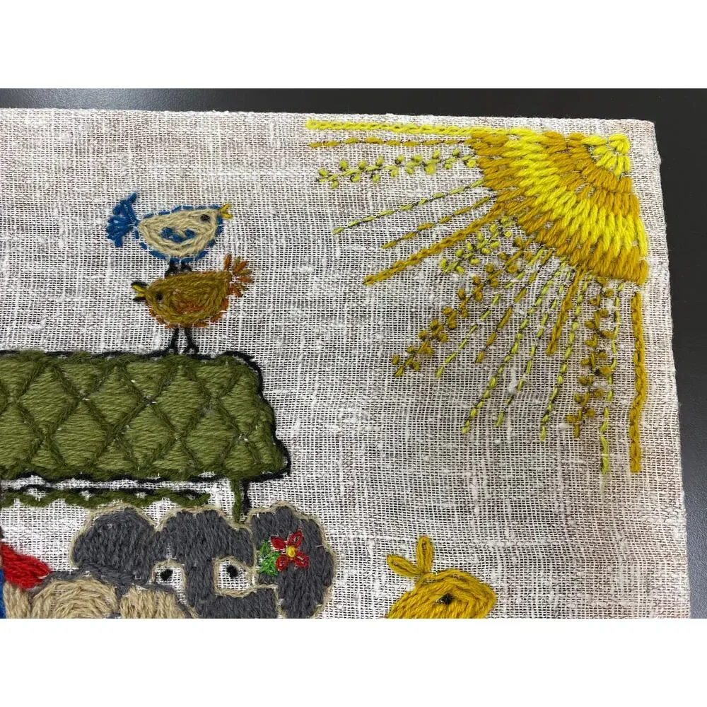 Vintage 1970s Embroidered Noah’s Ark Crewel Stitch Folk Art Nursery Picture